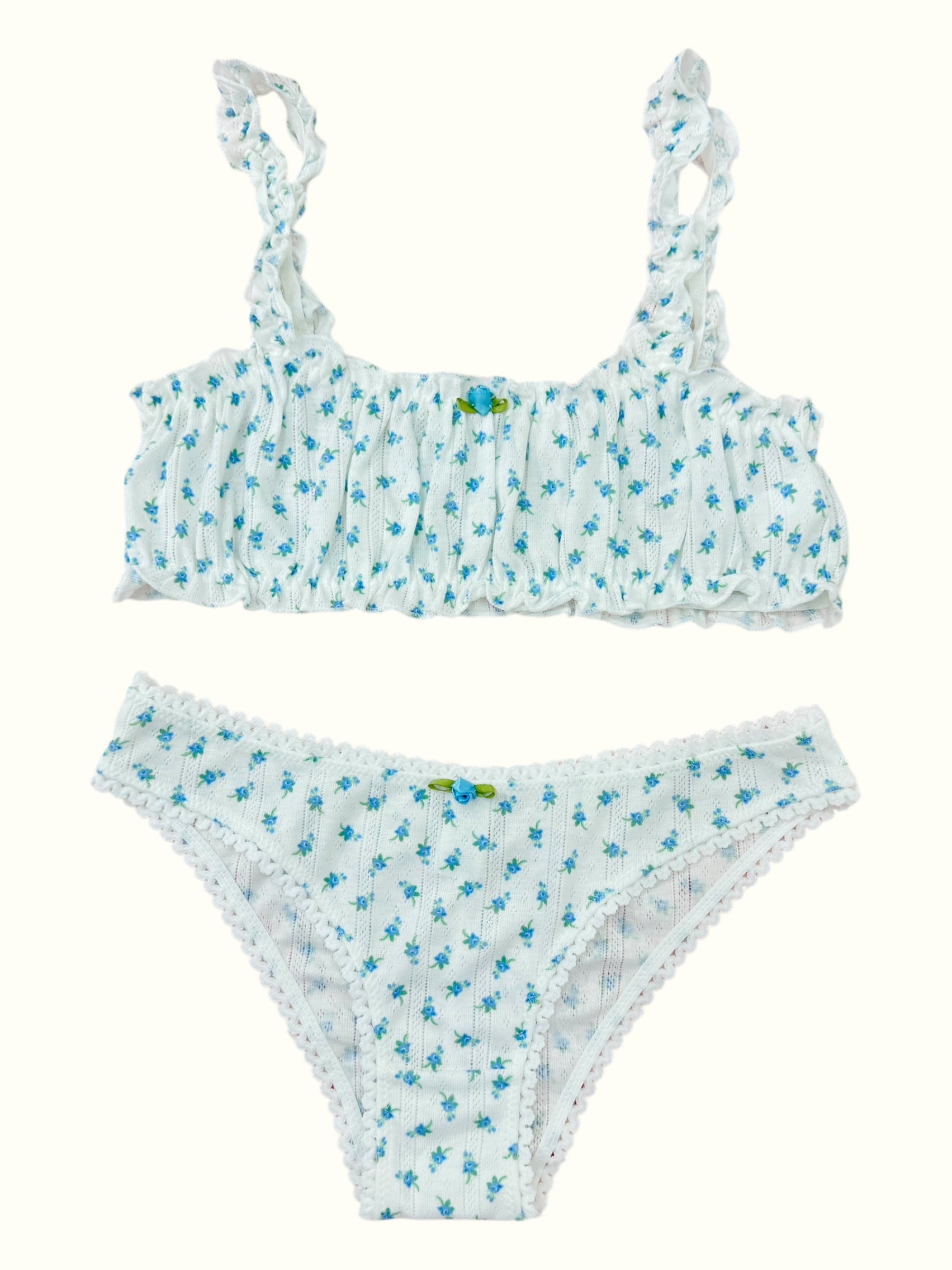 Blue French Romantic pointelle cotton made matching bralette set