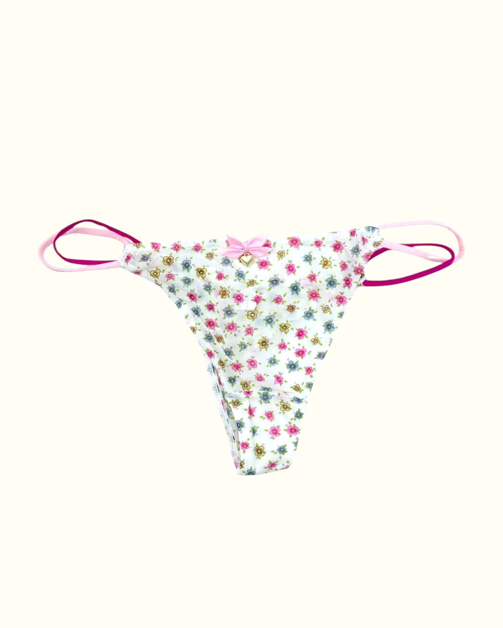 Floral String Thong with Bow and Heart Charm