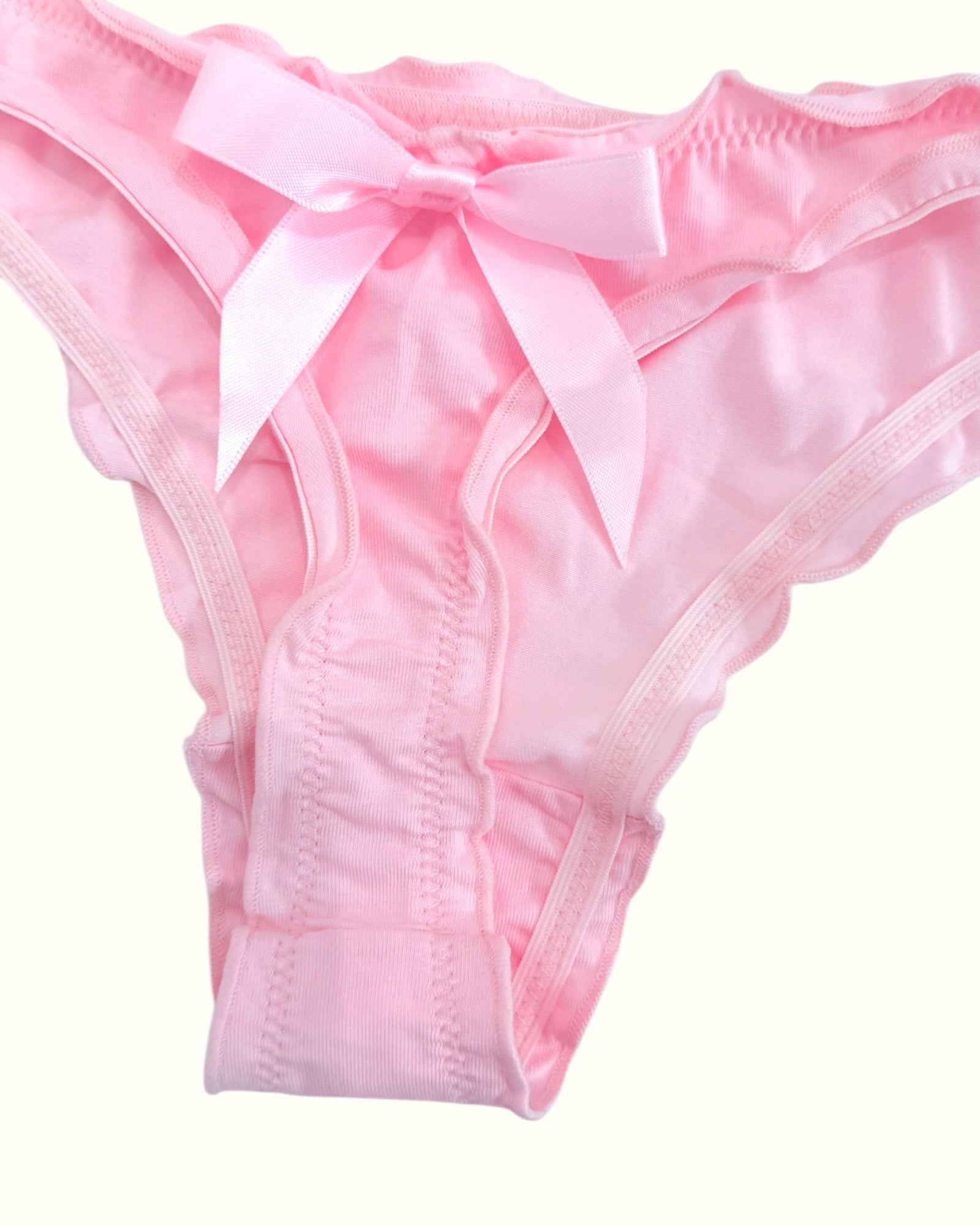 Soft Pink Satin Bow Panties with Ruffled Trim