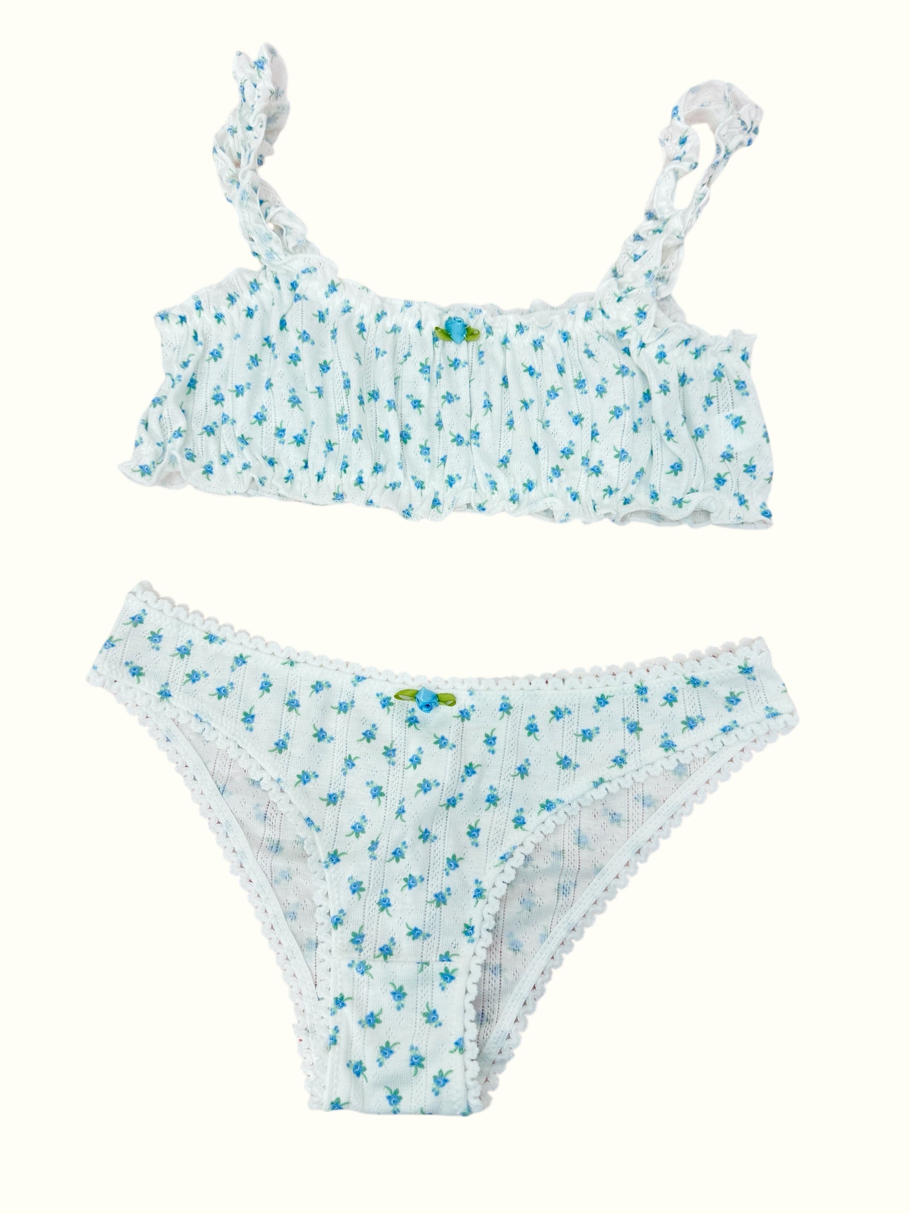 Blue French Romantic pointelle cotton made matching bralette set