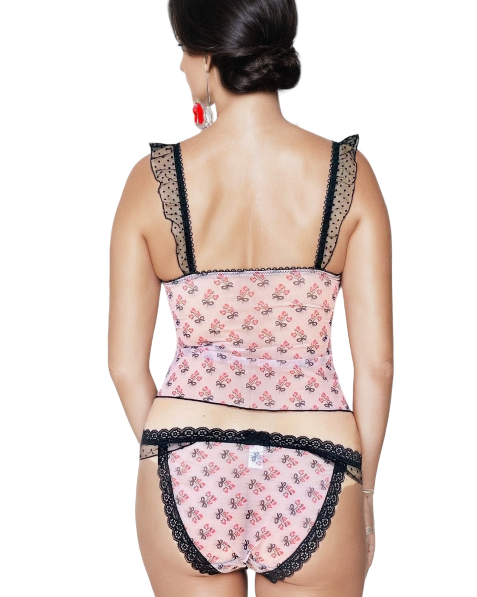 Feminine Romance Rose Print Lace & Mesh Coquette Cami Top with Super Soft Panty Set