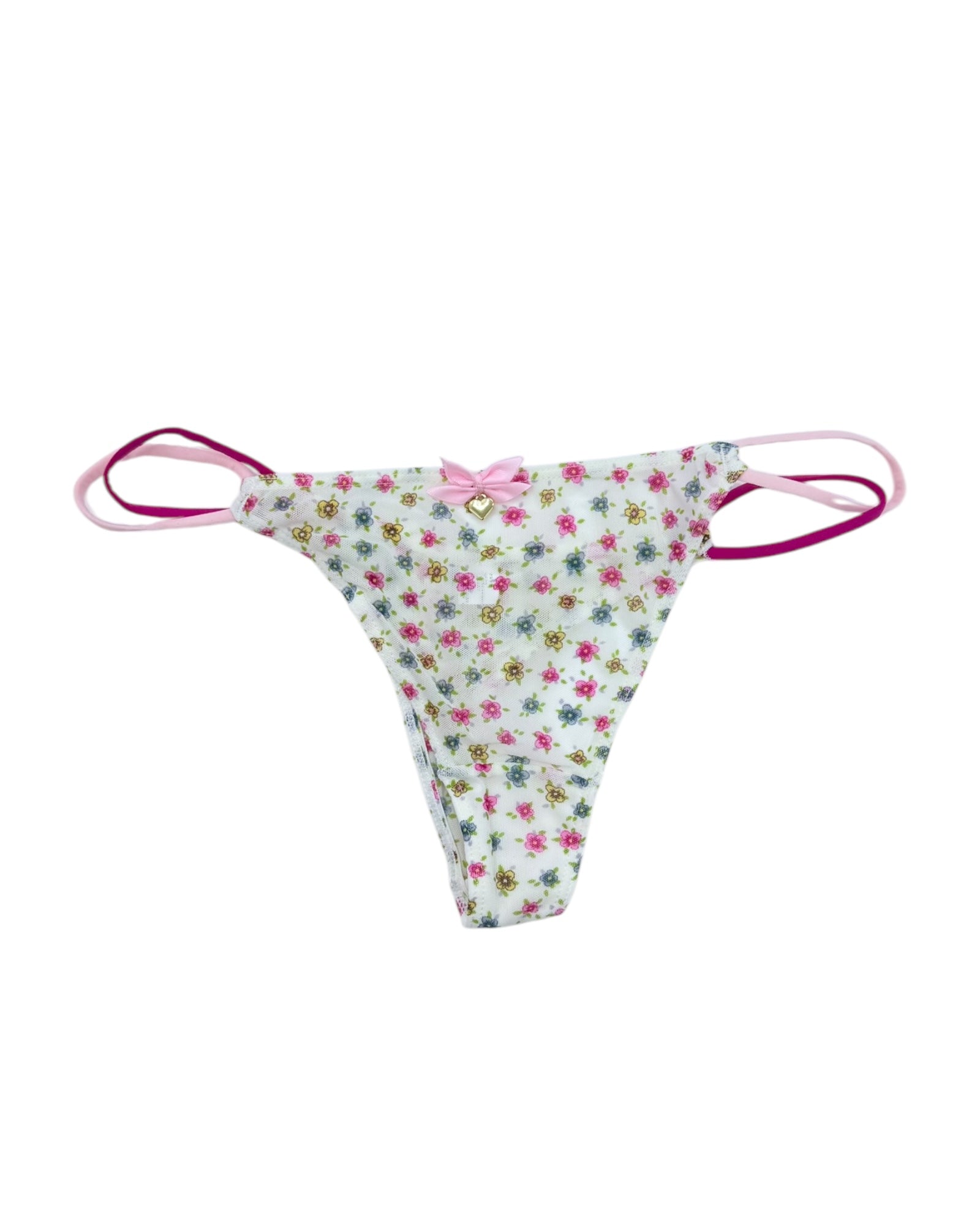 Floral String Thong with Bow and Heart Charm