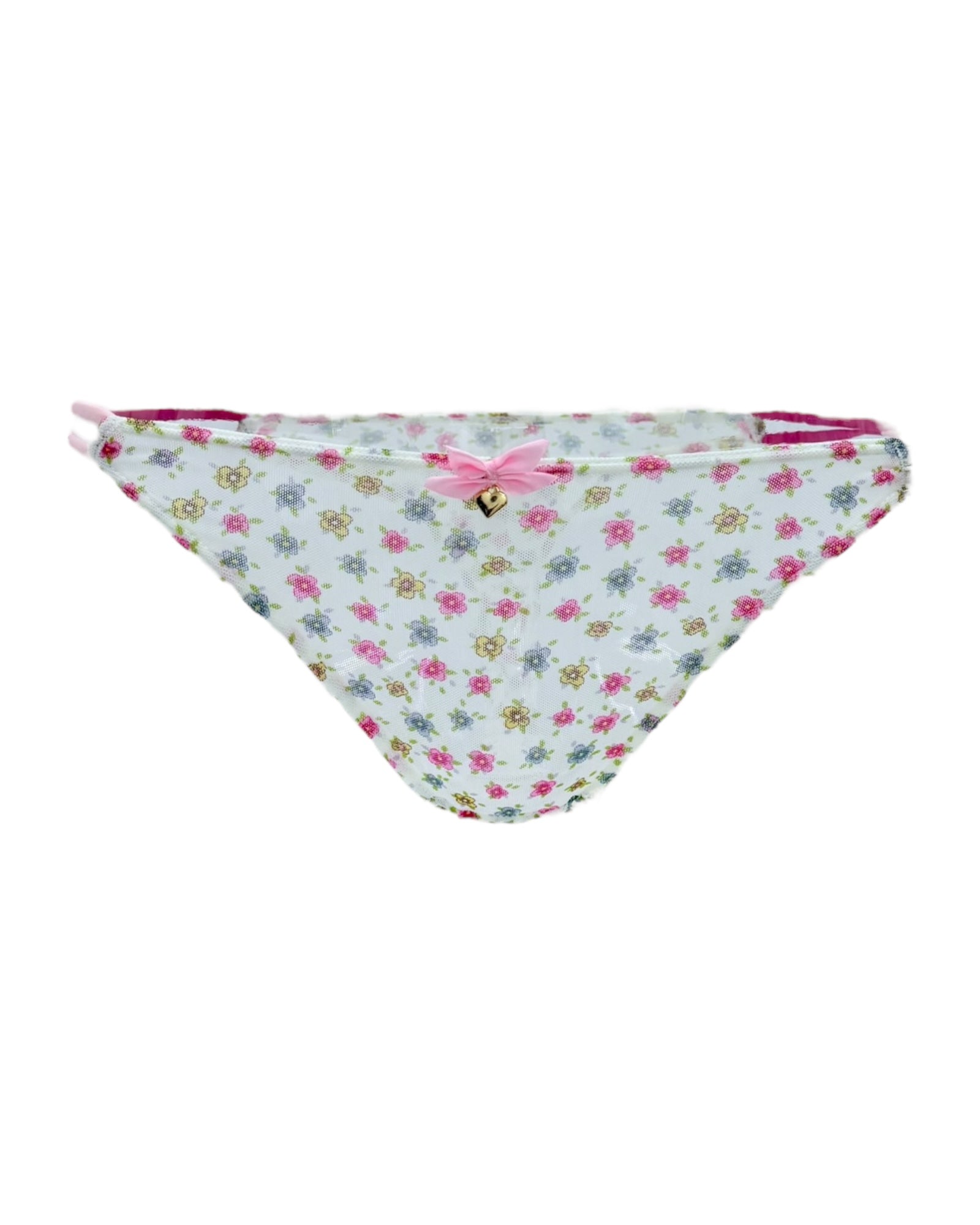 Floral String Thong with Bow and Heart Charm