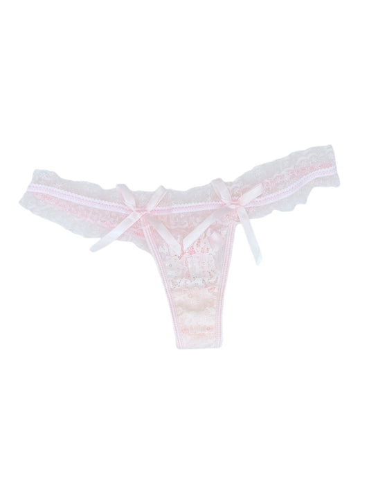 Romantic Coquette Lace Thong with Satin Ribbon Accents