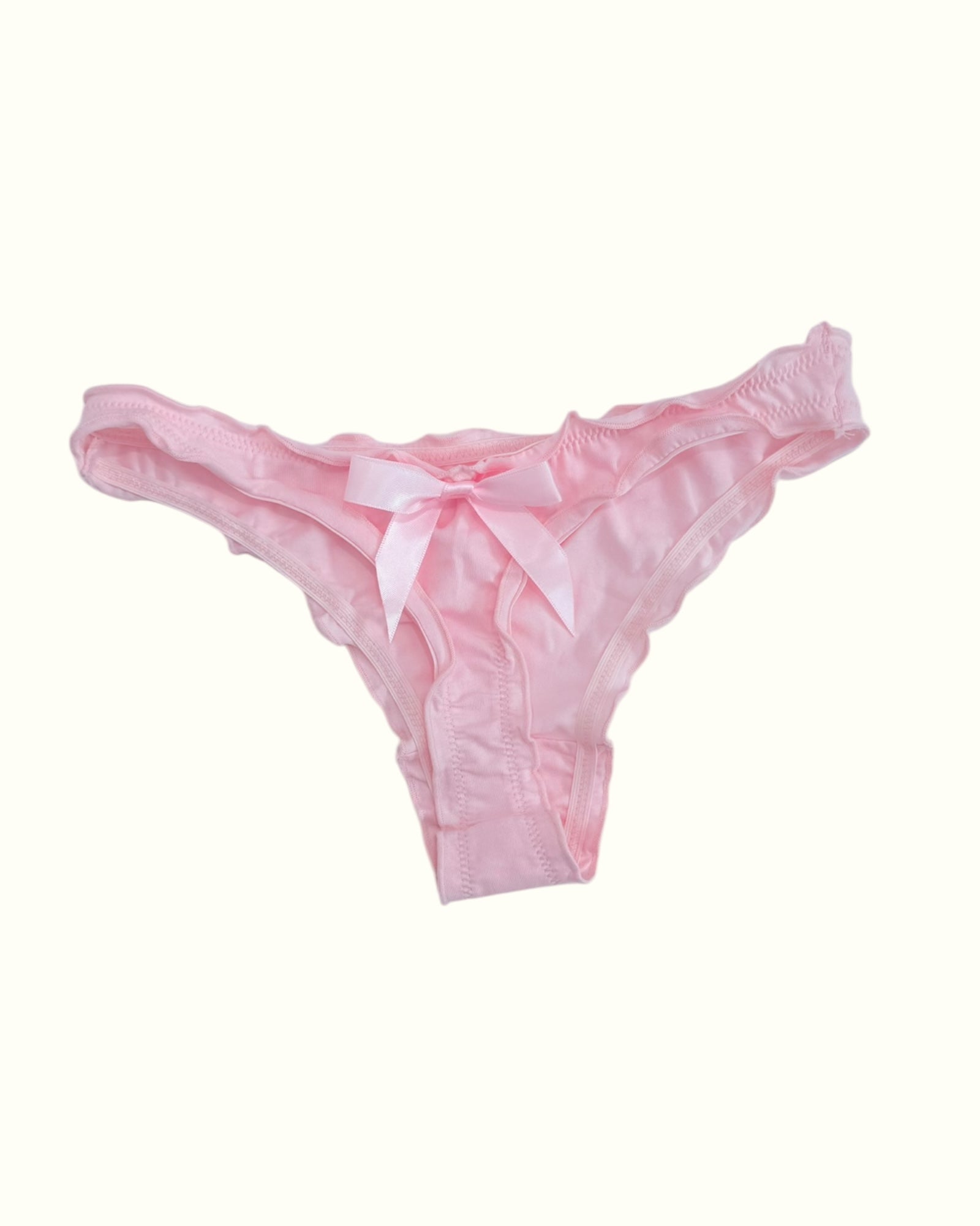 Soft Pink Satin Bow Panties with Ruffled Trim