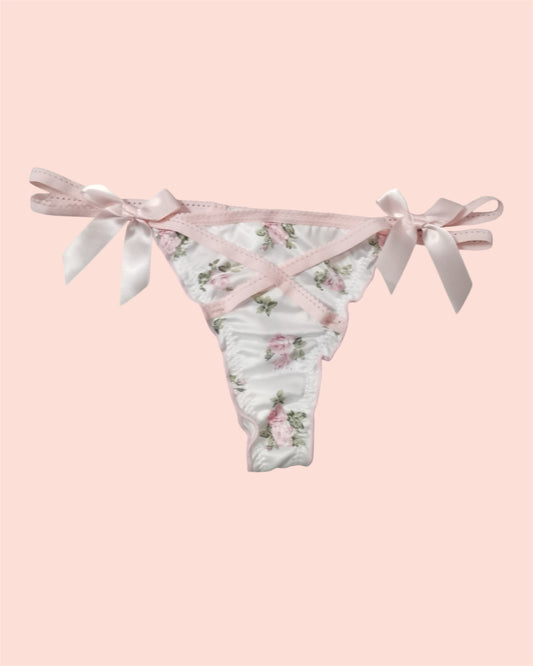 Coquette Floral Embroidered Thong with Satin Bow