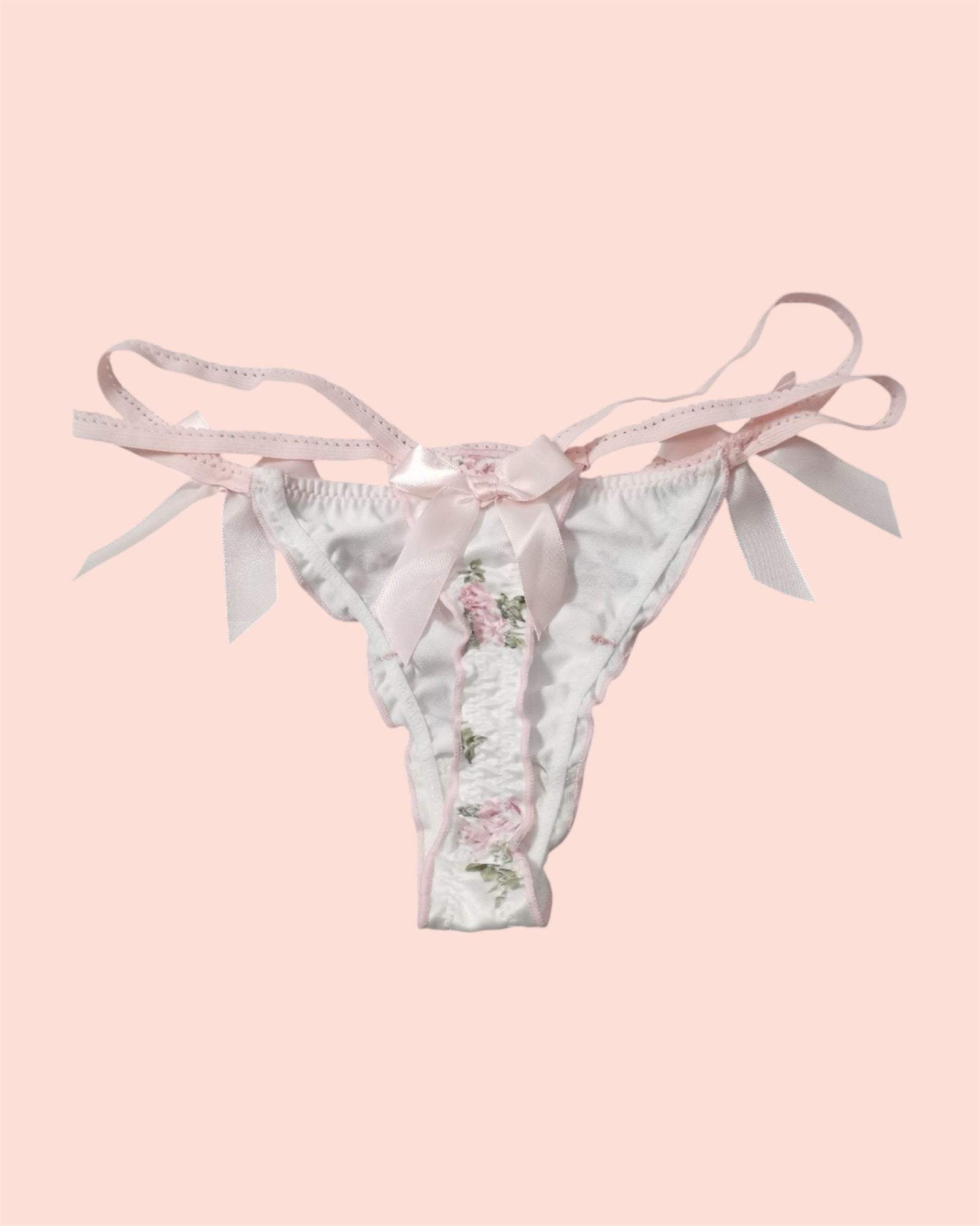 Coquette Floral Embroidered Thong with Satin Bow