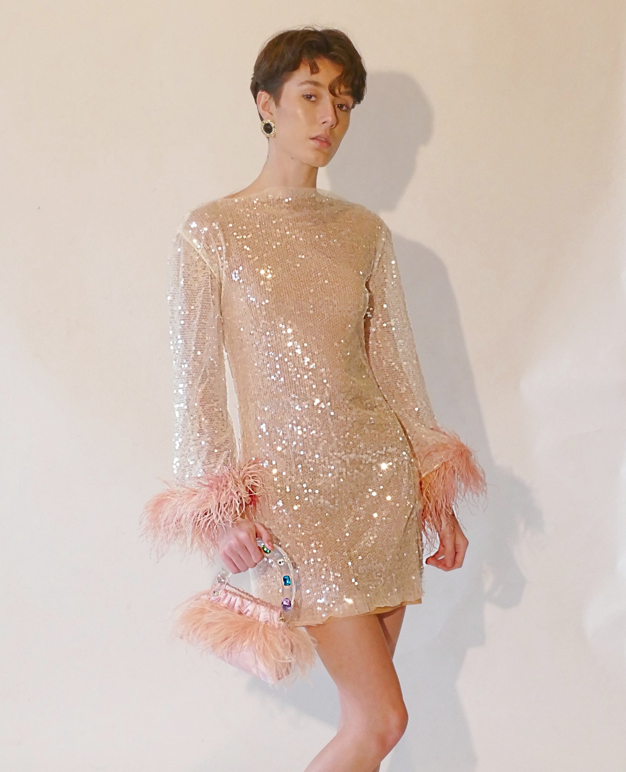 HANDMADE sequins feather trim long sleeve party dress