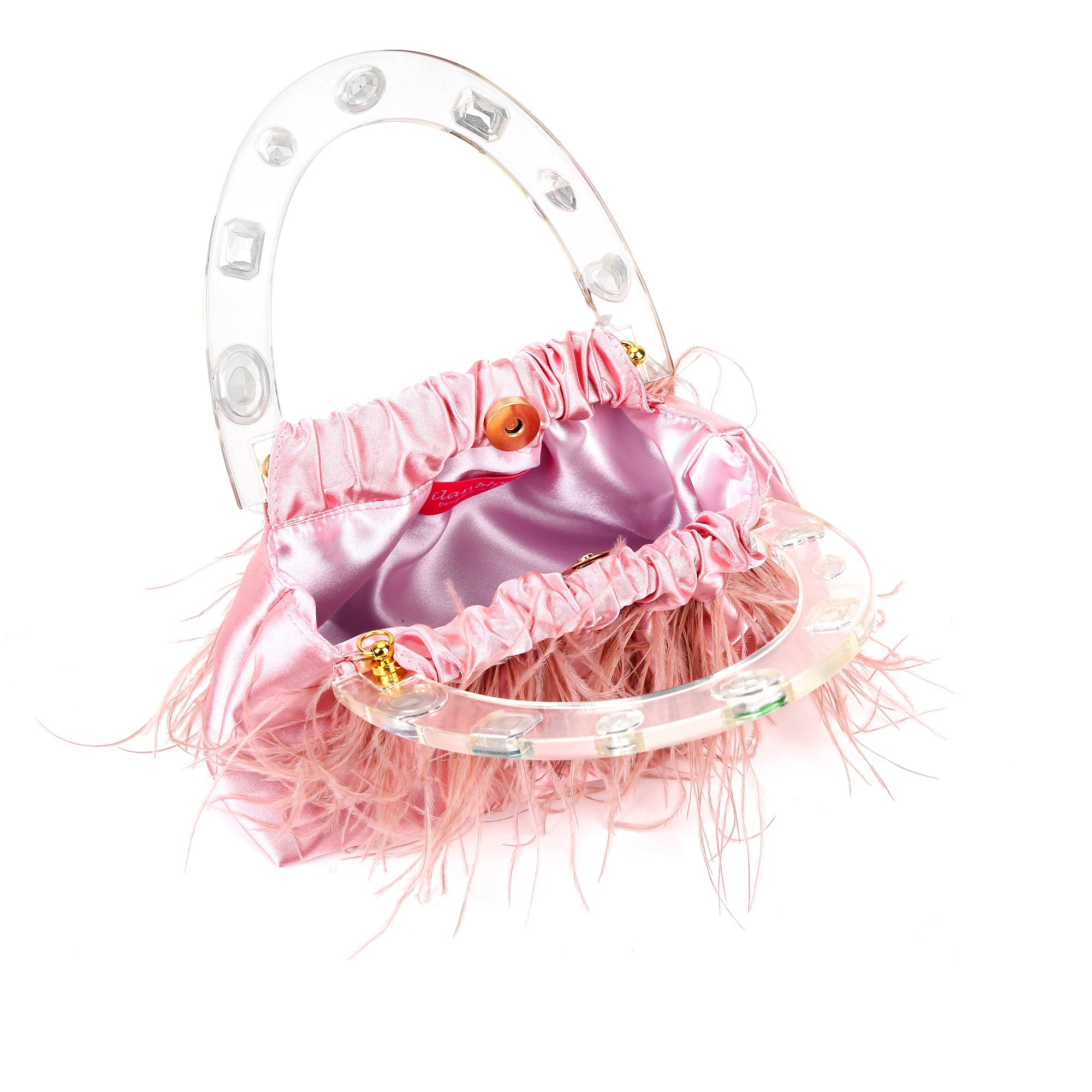 Pink Diamond-Adorned Feather Elegance Acrylic Top handle Handbag