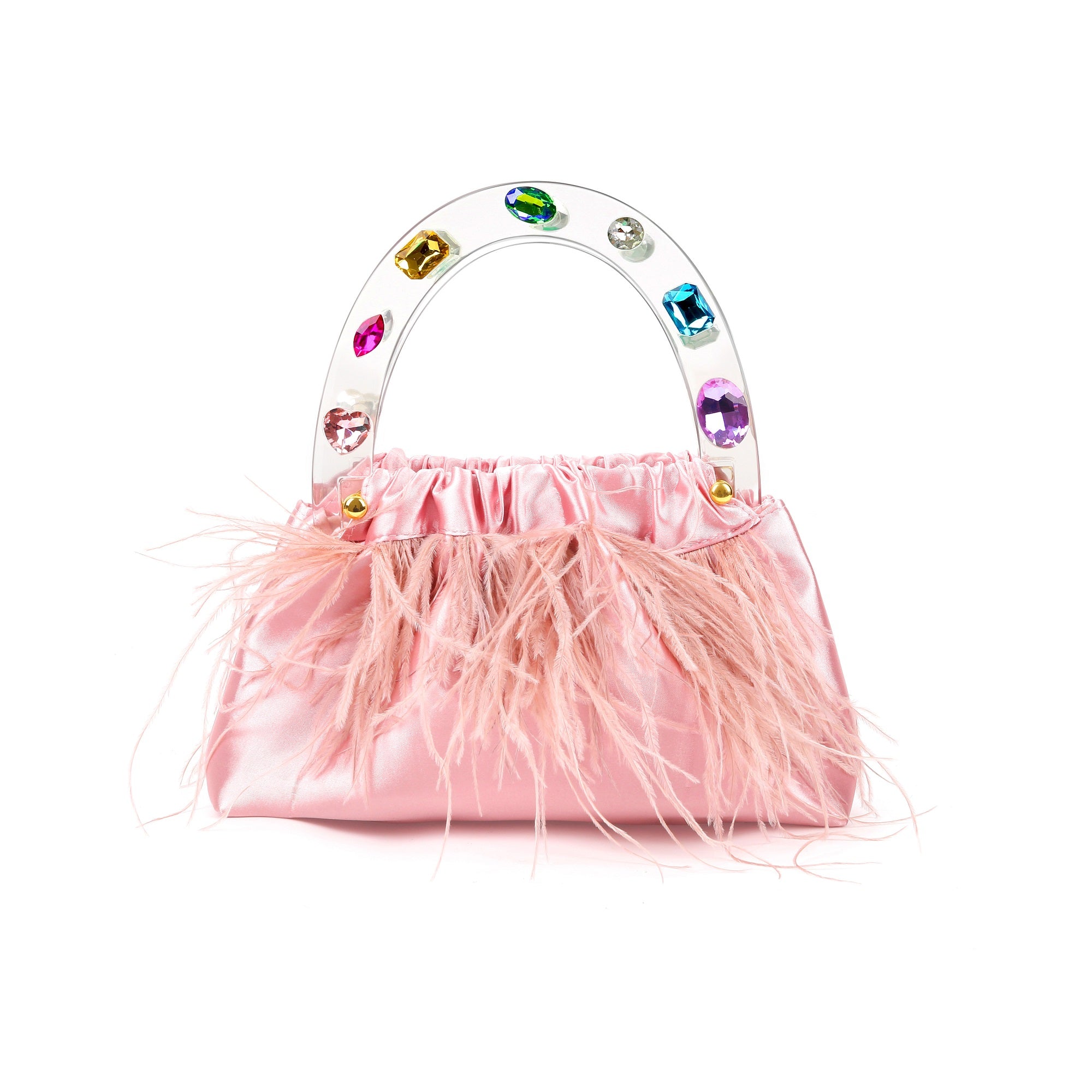 Pink Diamond-Adorned Feather Elegance Acrylic Top handle Handbag