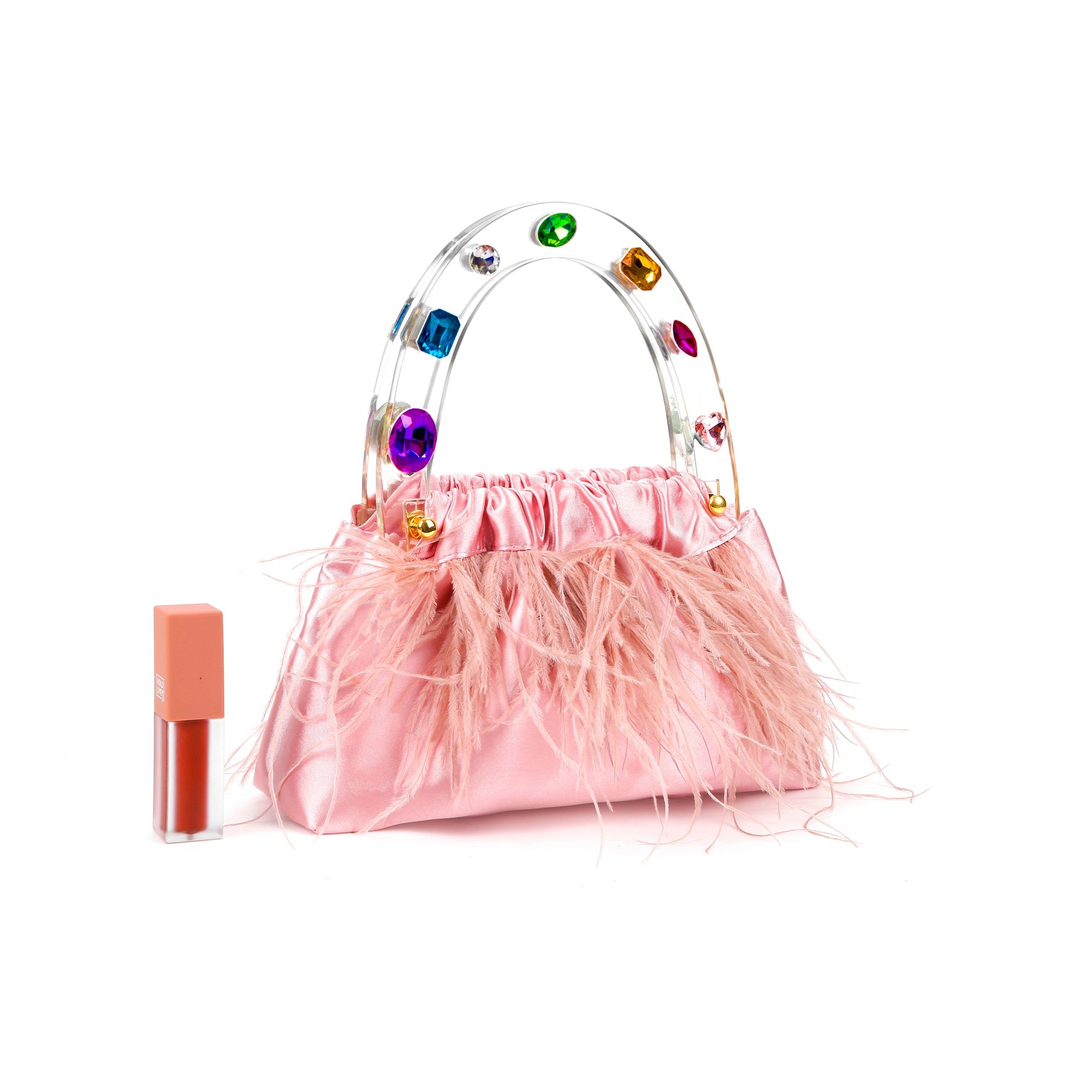 Pink Diamond-Adorned Feather Elegance Acrylic Top handle Handbag